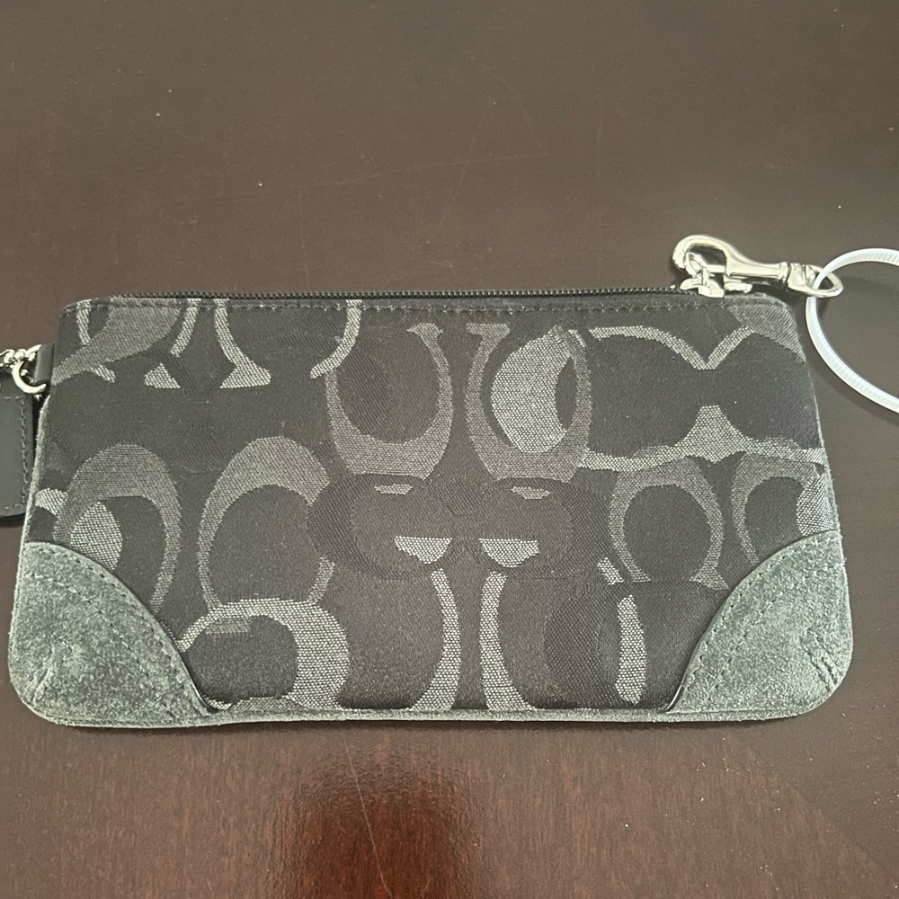 Coach black suede and canvas wristlet